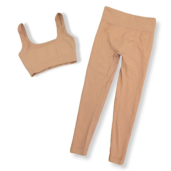 Boo + Tee caramel workout set of ribbed gym bra top and high waisted leggings L - Picture 3 of 3